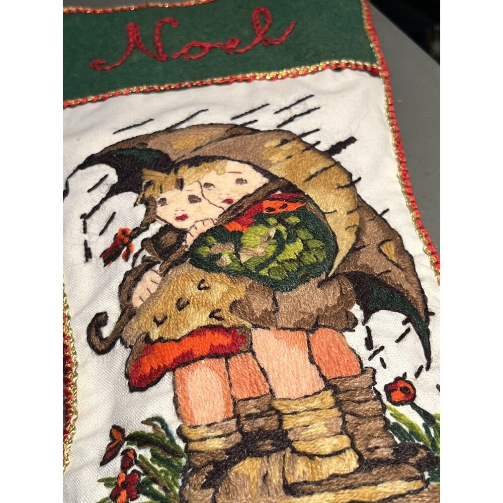 Vintage Hummel Christmas Stocking Hand Embroidered Crewel On Linen & Felt 17" - Picture 6 of 8